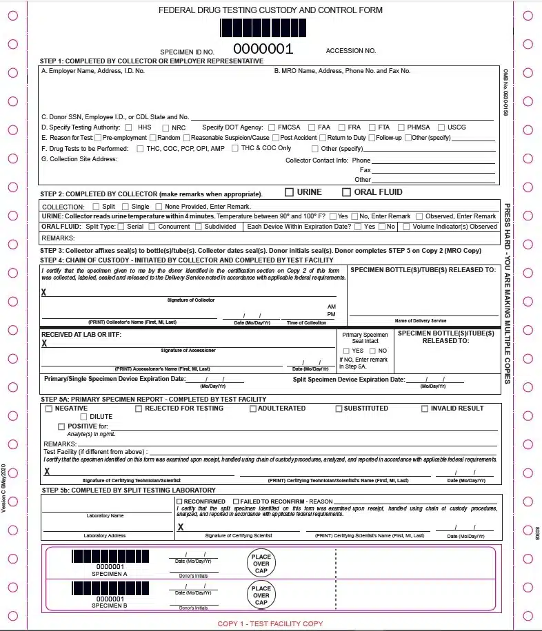 Blank DOT UDS CCF (Chain of Custody Form)